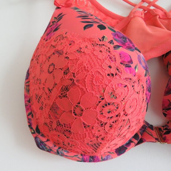 CACIQUE Floral Front Close Plunge Boost Bra in Coral Lace - Size 44DD - Picture 7 of 14